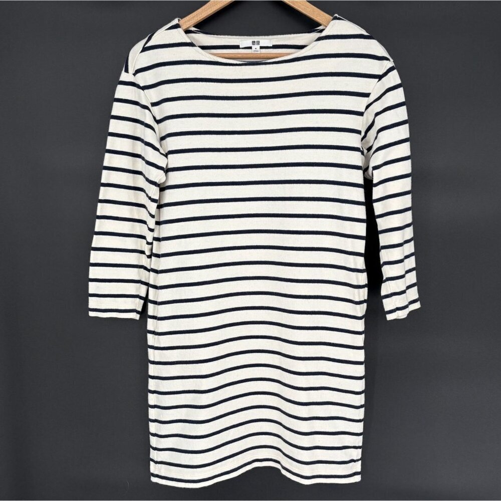 Uniqlo Women's Breton Striped Boat Neck Mini Dress M White Navy Nautical Preppy